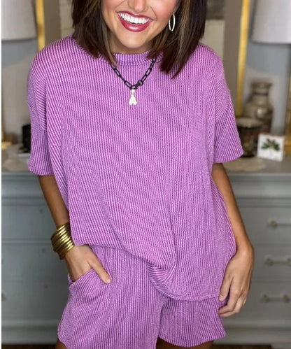 Summer 2-Piece Set – Solid O-Neck Short Sleeve T-Shirt & Loose Casual Shorts