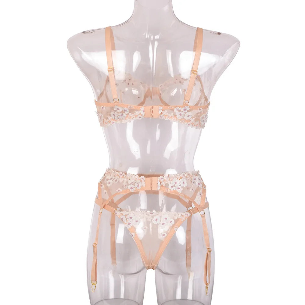 Floral Lace Transparent Bra & Thong Lingerie Set (3pcs)