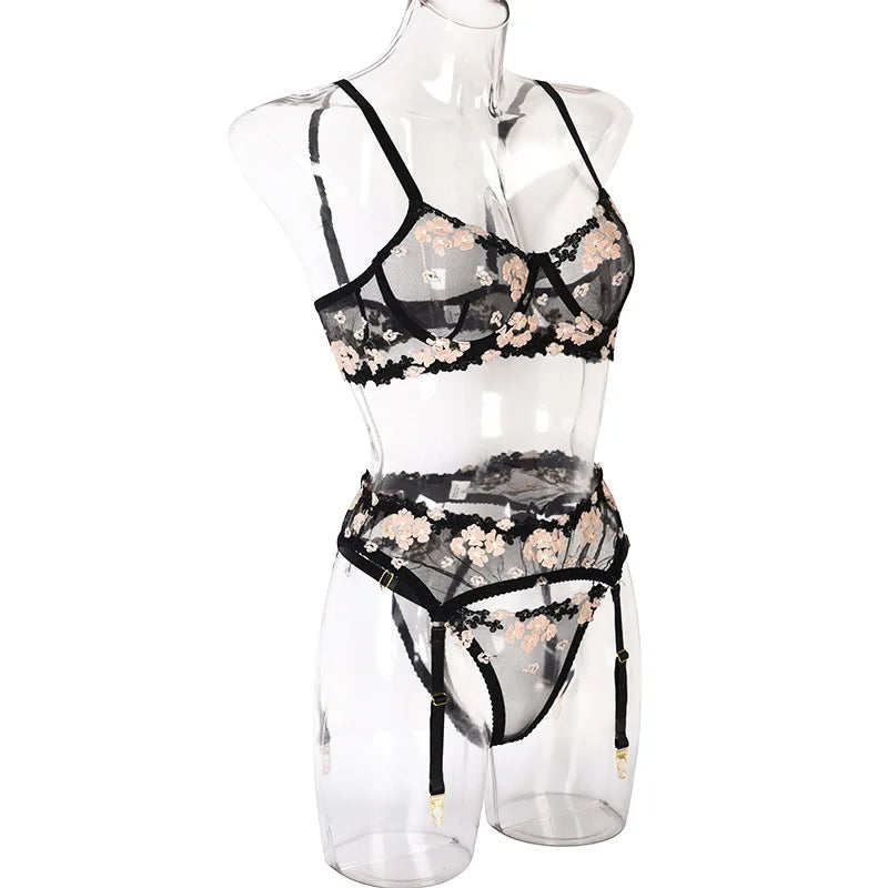 Floral Lace Transparent Bra & Thong Lingerie Set (3pcs)