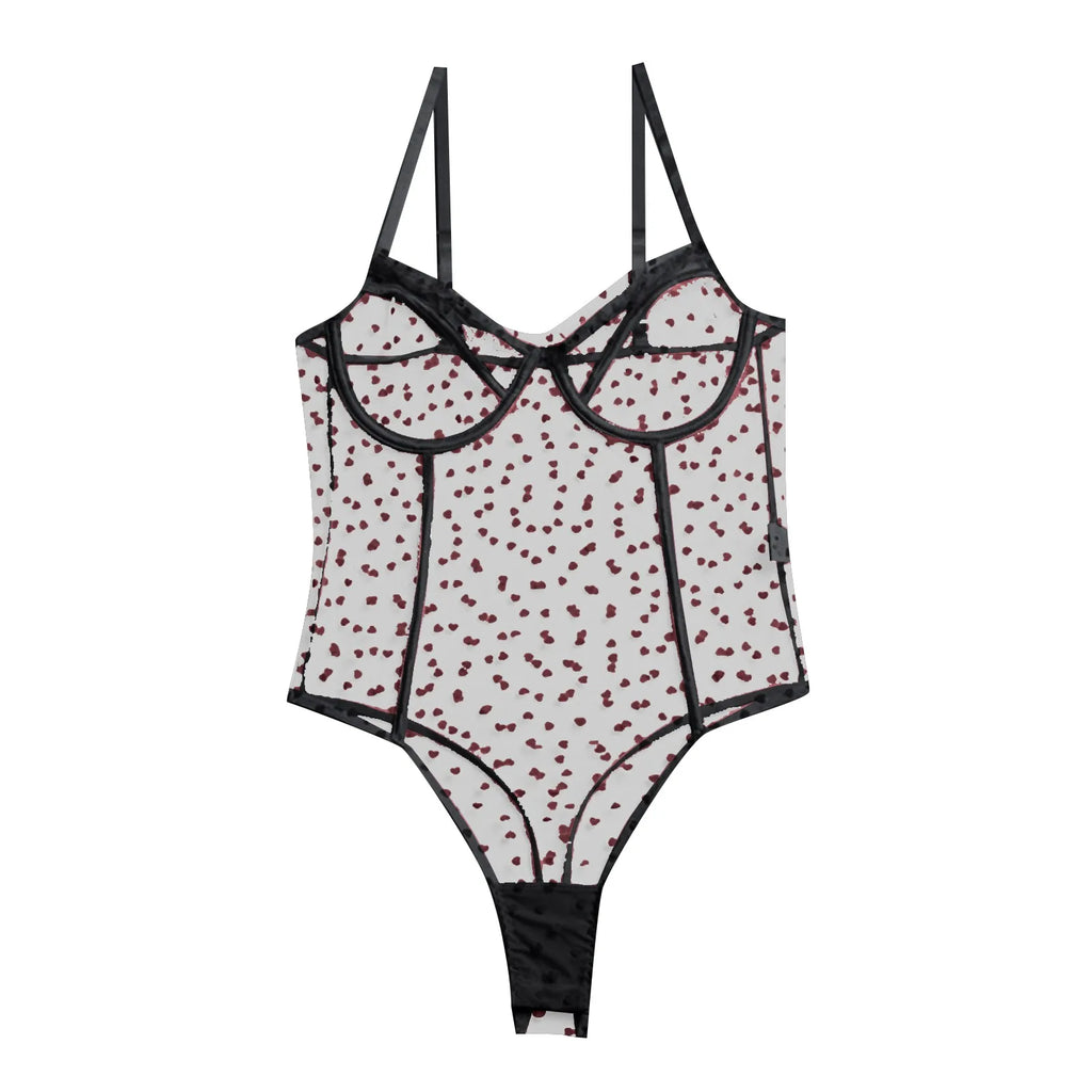 One-Piece Backless Mesh Bodysuit with Heart Embroidery and Lace