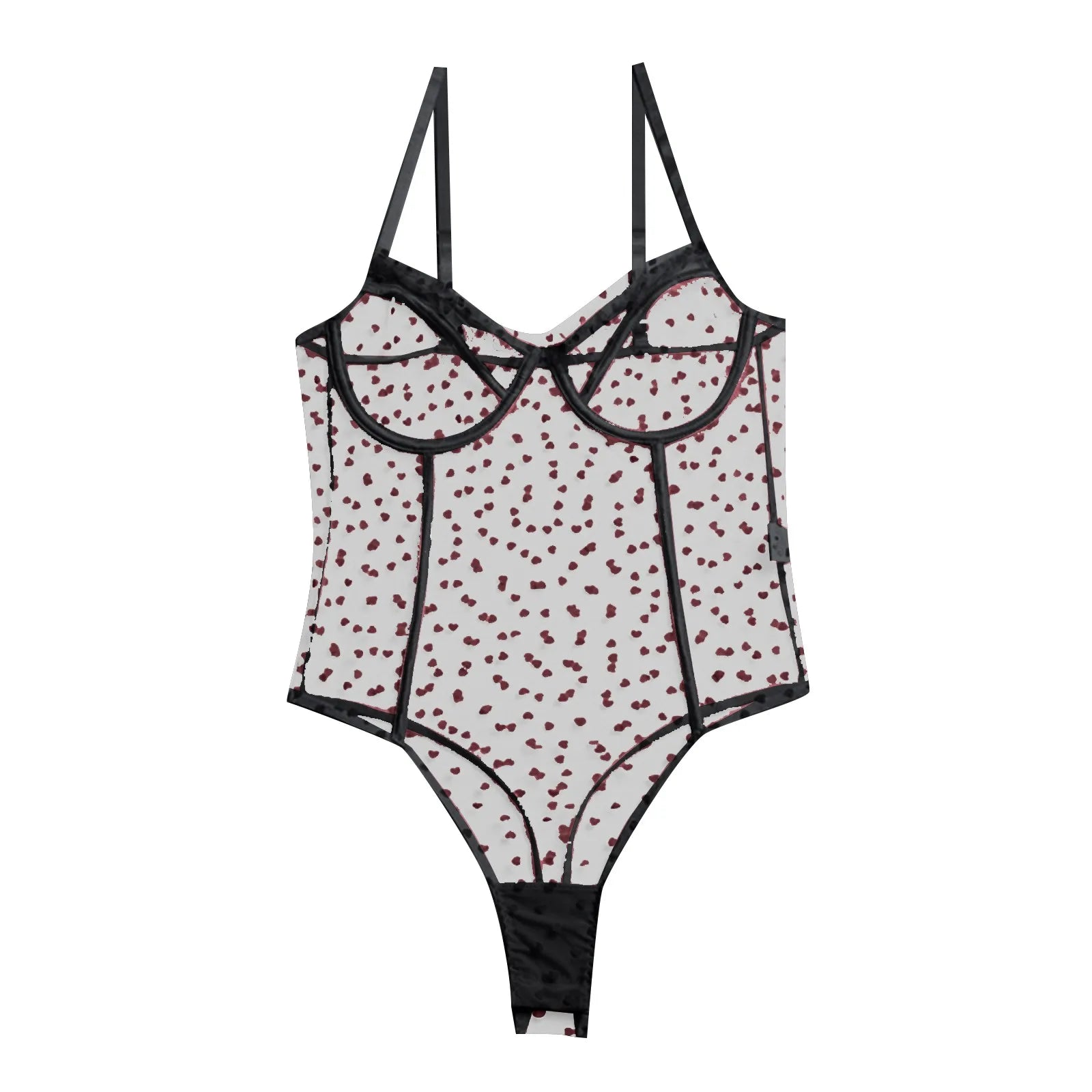 One-Piece Backless Mesh Bodysuit with Heart Embroidery and Lace