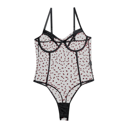 One-Piece Backless Mesh Bodysuit with Heart Embroidery and Lace