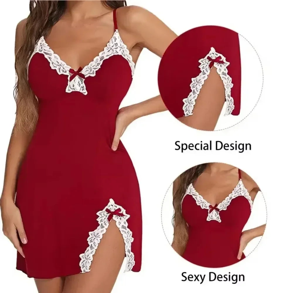 V-Neck Lace Chemise – Sexy Bow Nightdress Sleepwear
