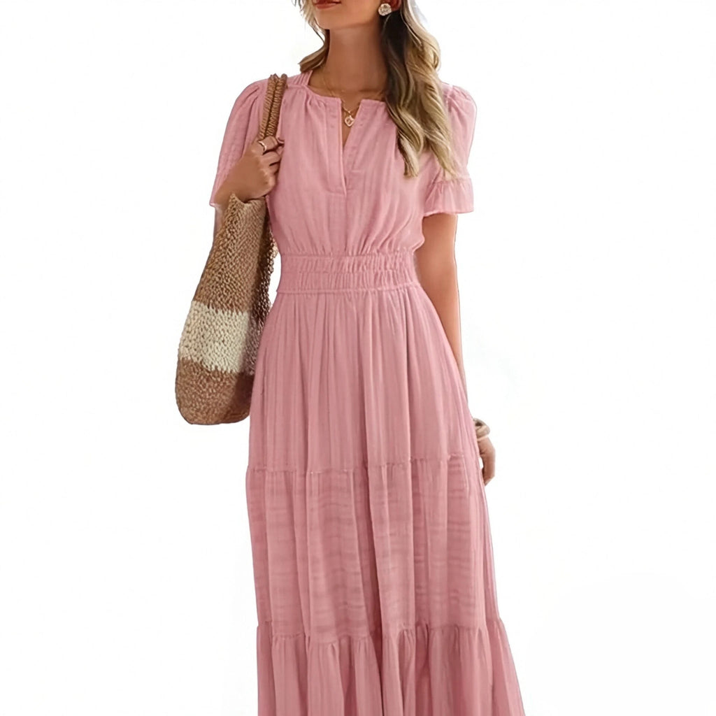 Celebration Party Outfit Elegant V-neck Maxi Dress with Smocked Waist Tiered Flowy Design for Women Summer Pleated Long Dress