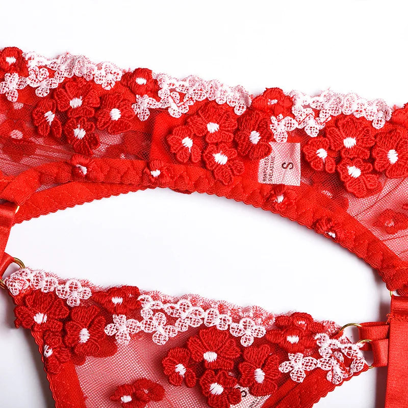 Floral Lace Transparent Bra & Thong Lingerie Set (3pcs)
