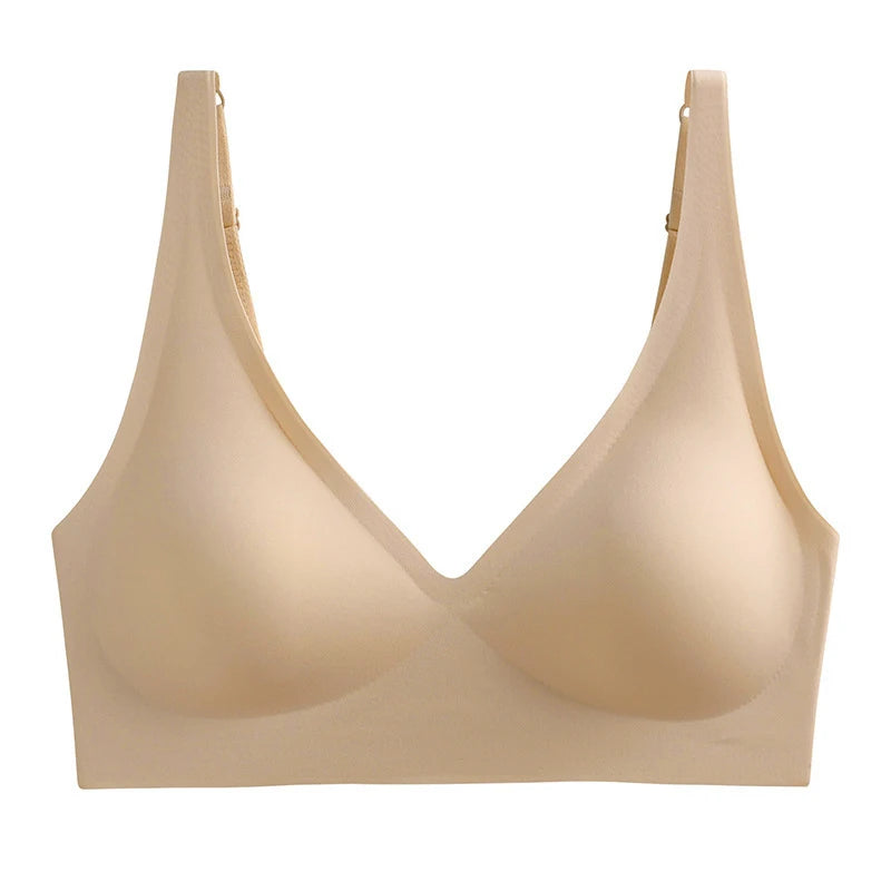 Seamless V-Neck Push-Up Bra – Wire-Free Lace Bra for Small Chest with Gathered Support