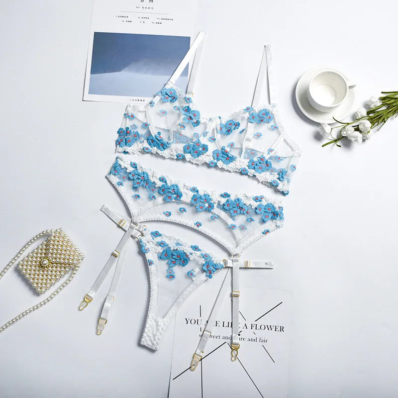 Floral Lace Transparent Bra & Thong Lingerie Set (3pcs)