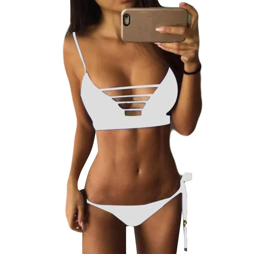 Sexy women bikini set solid color swimwear push up padded bra swimsuit sporty beachwear strap split bathing suit summer vacation