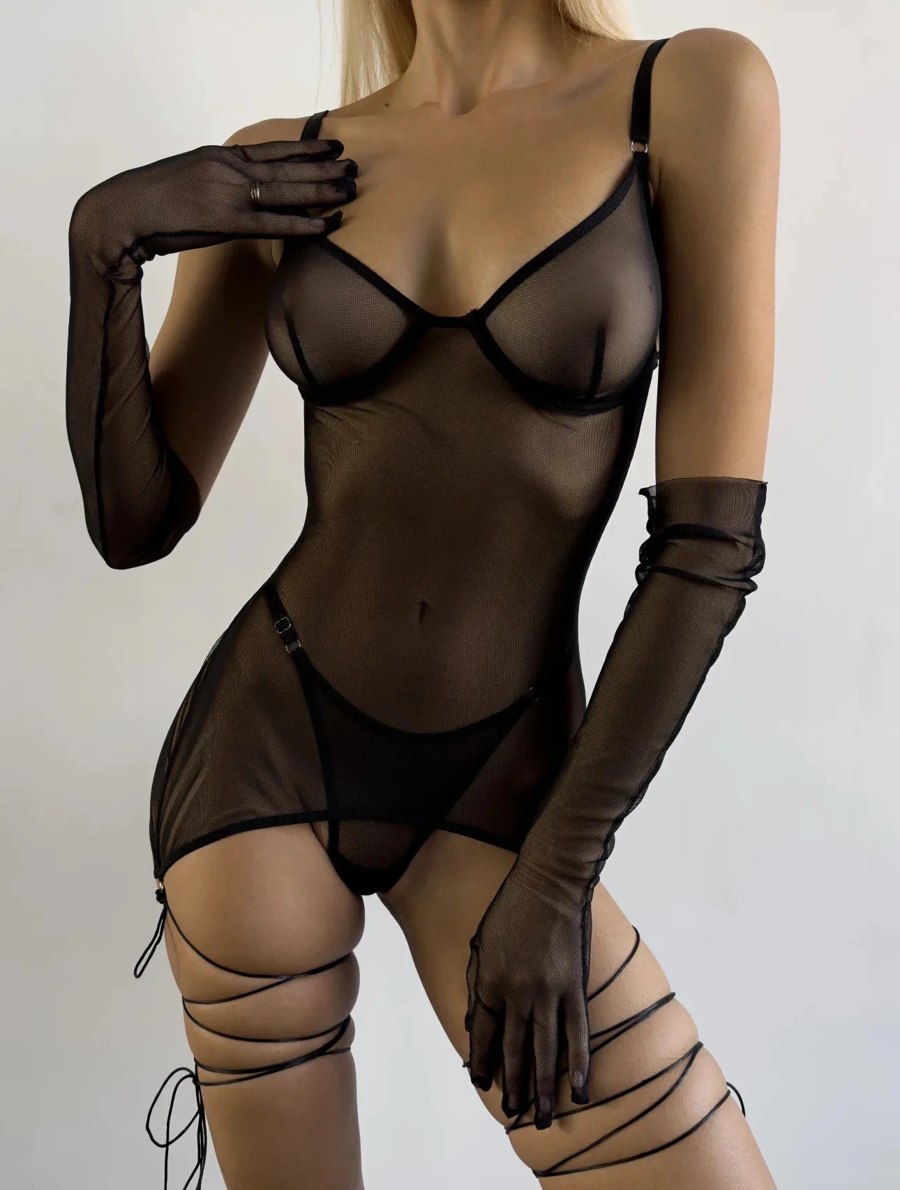 4-Piece Sheer Mesh Lingerie Set – Backless Sexy Nightwear