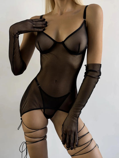 4-Piece Sheer Mesh Lingerie Set – Backless Sexy Nightwear