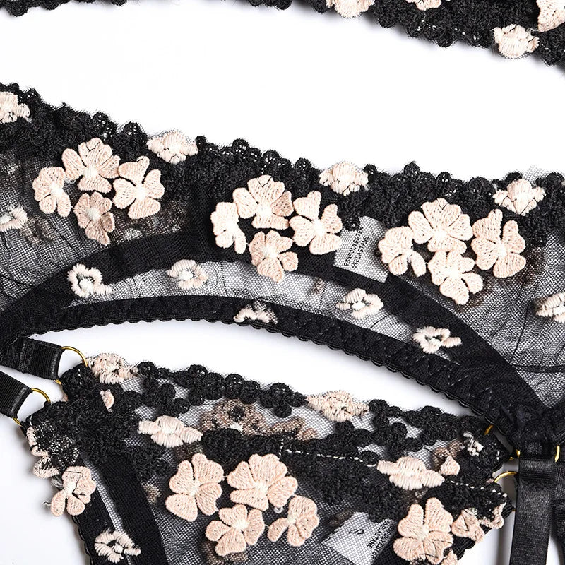 Floral Lace Transparent Bra & Thong Lingerie Set (3pcs)