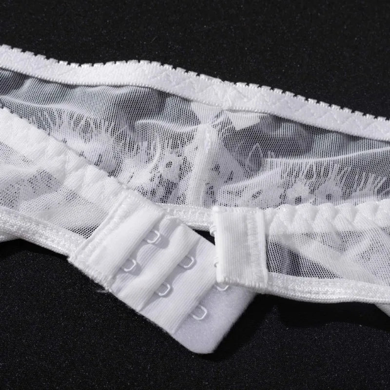 Transparent Lace Bra & Thong with Garter Belt