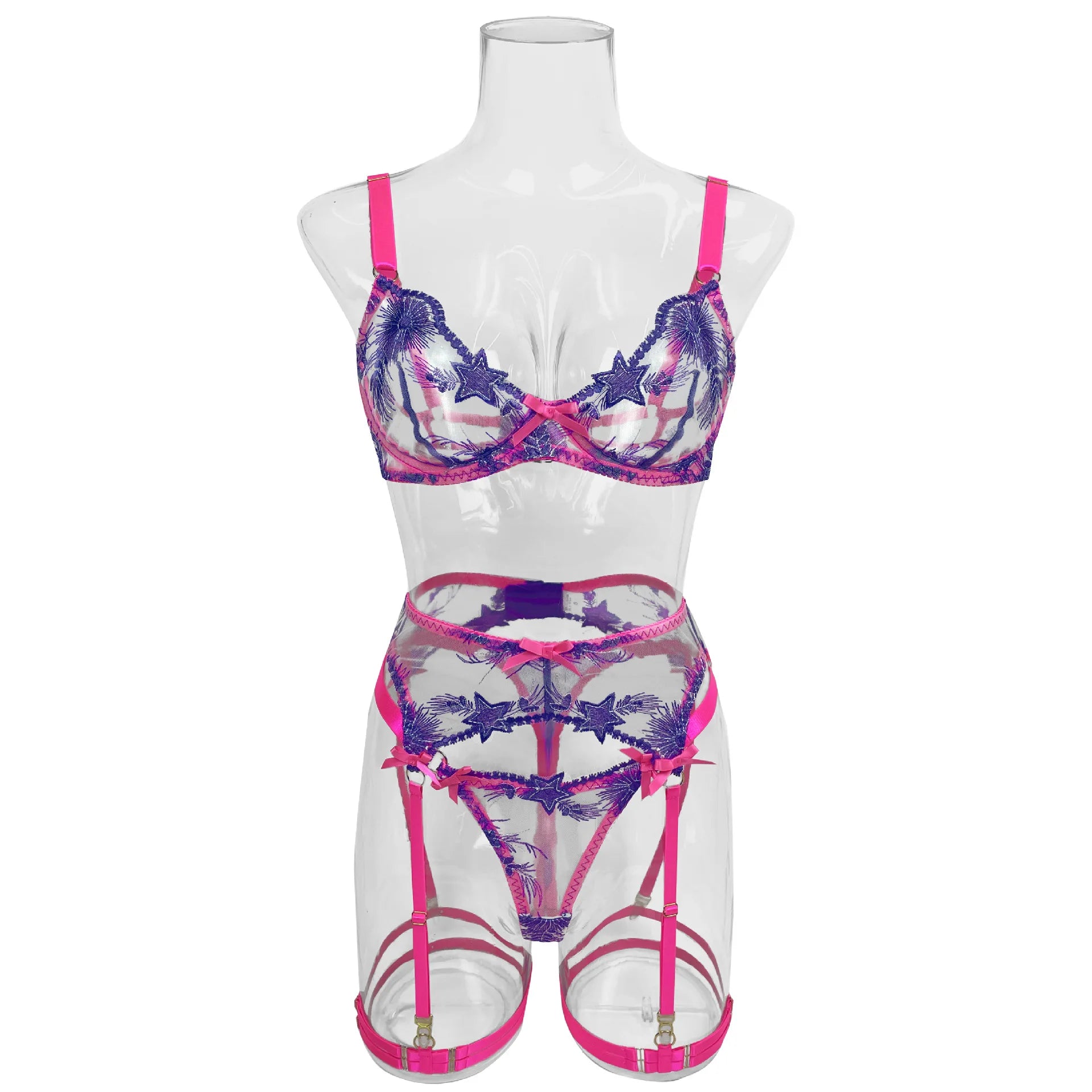 Pink Sheer Lace Floral Embroidery Lingerie Set