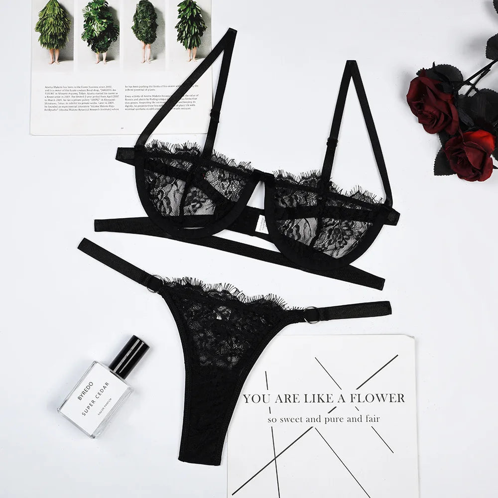 Embroidery Lace Bra Set – Push Up Transparent Lingerie