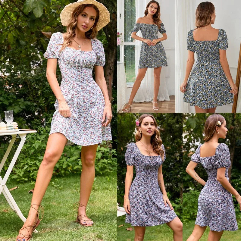 Spring Summer New Square Collar Floral Ruffles Mini Dress Women Casual Short skirt Drawstring Lace up Print A Line Dress