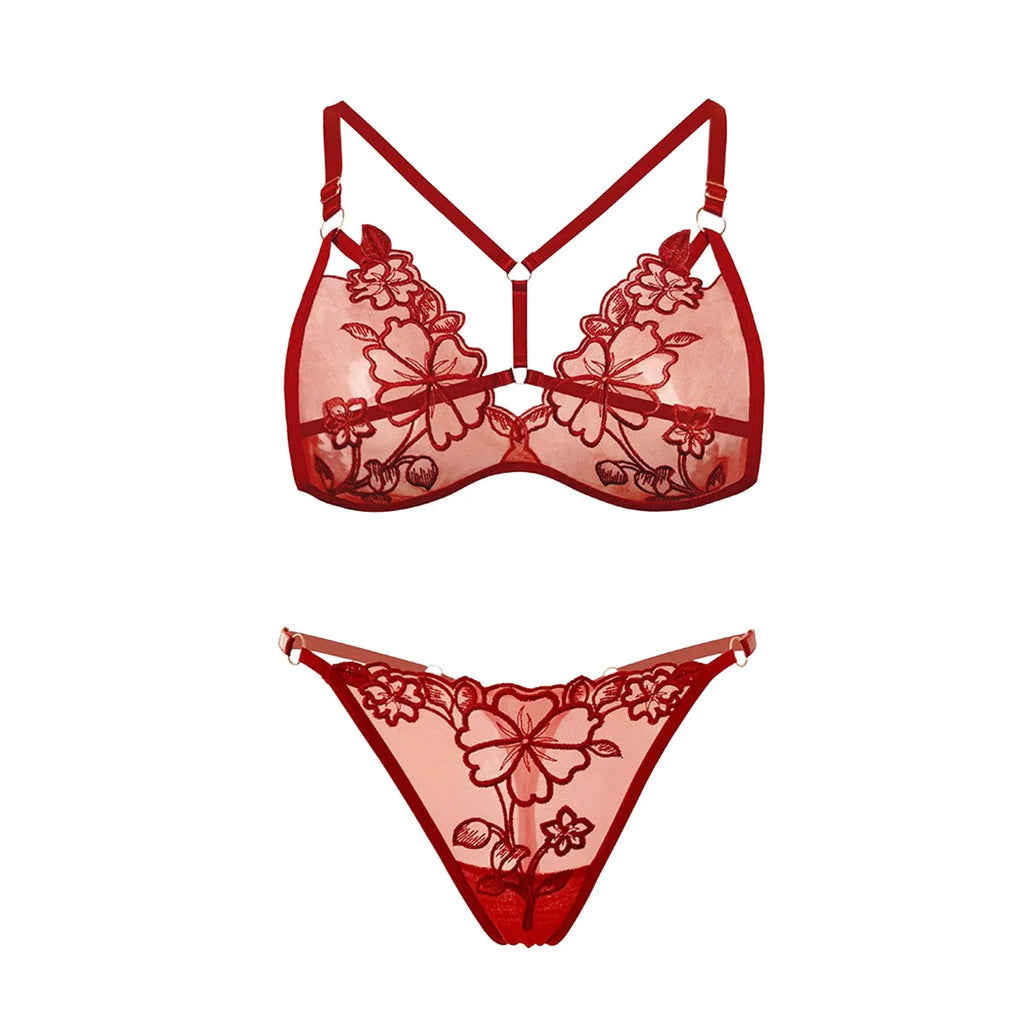 Ultra Thin Mesh Embroidery Bra & Thong Set