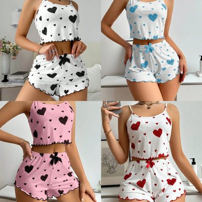 Heart Print Satin Pajama Set – Soft, Sexy Sleepwear for Women
