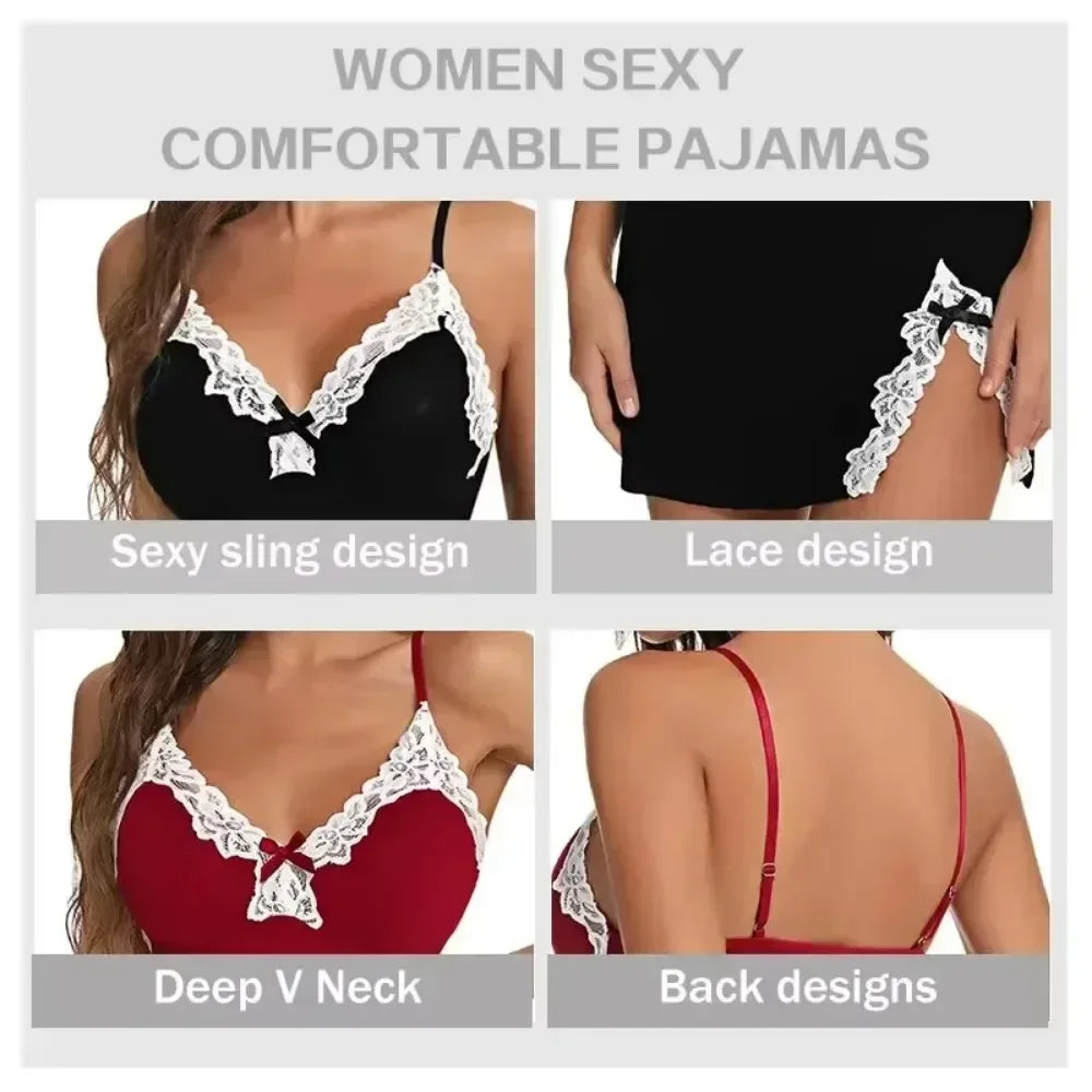 V-Neck Lace Chemise – Sexy Bow Nightdress Sleepwear