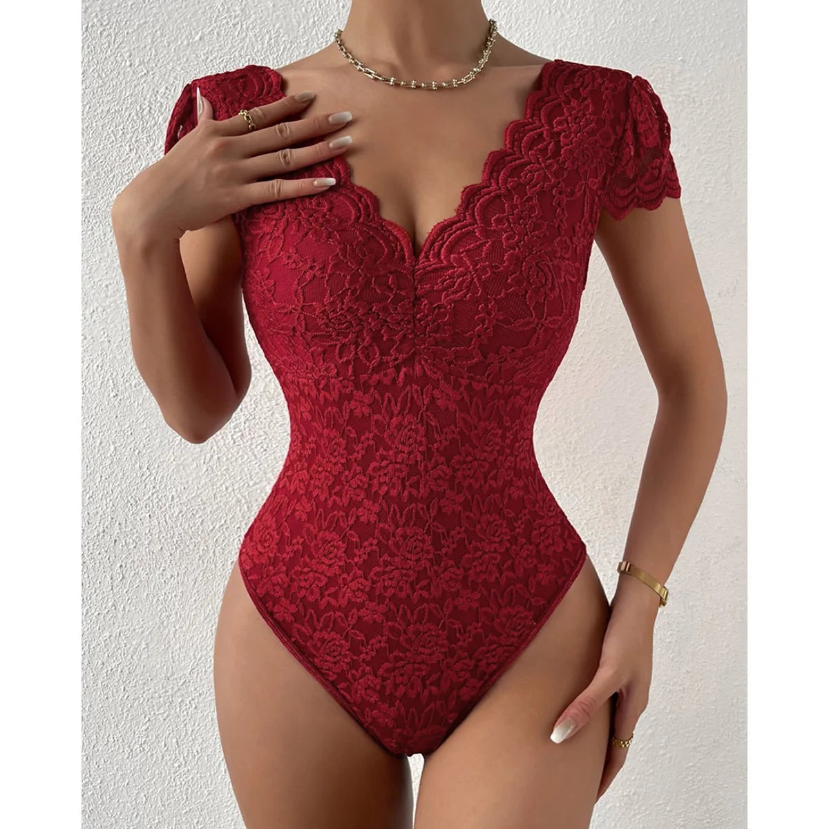 Women’s Floral Embroidery Lace Teddy – V-Neck Backless Bodysuit