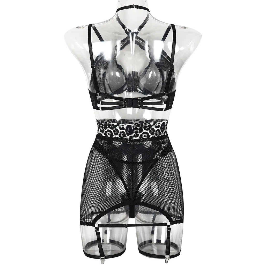 Leopard Patchwork Mesh Lingerie Set (3pcs)