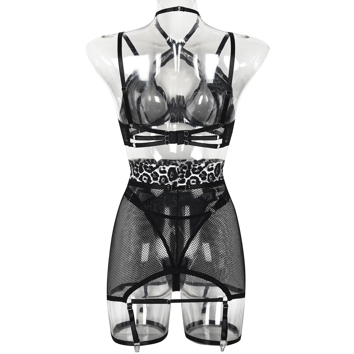Leopard Patchwork Mesh Lingerie Set (3pcs)