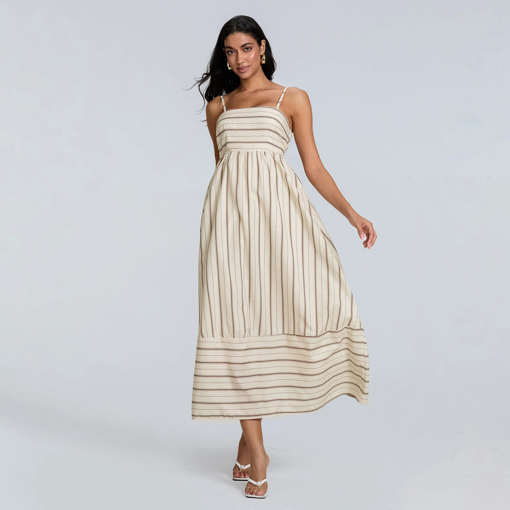 Women Summer Sexy Striped Print Sleeveless Backless Maxi Dress Spaghetti Strap Boho Flowy Female Fashion Club Party Vestidos