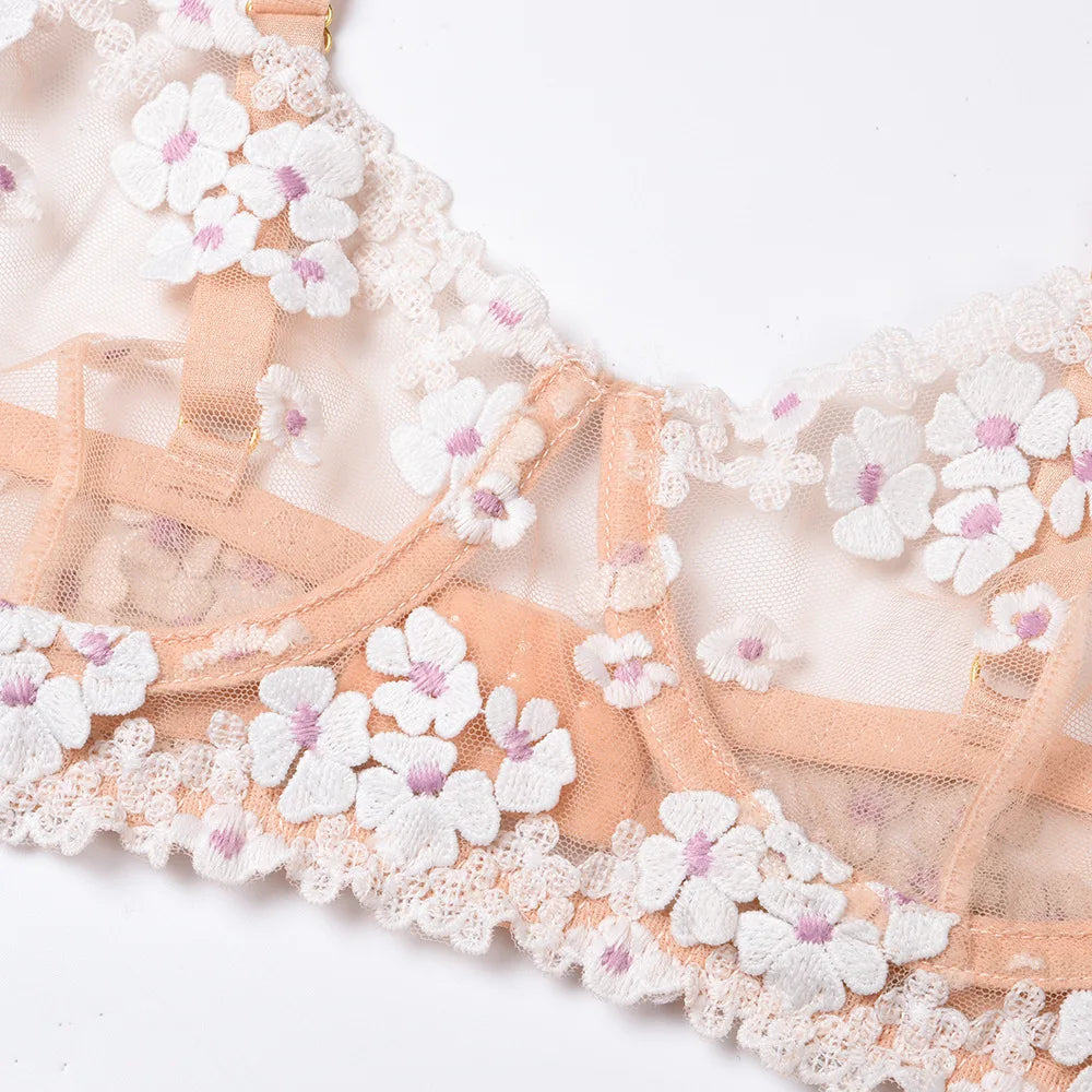 Floral Lace Transparent Bra & Thong Lingerie Set (3pcs)