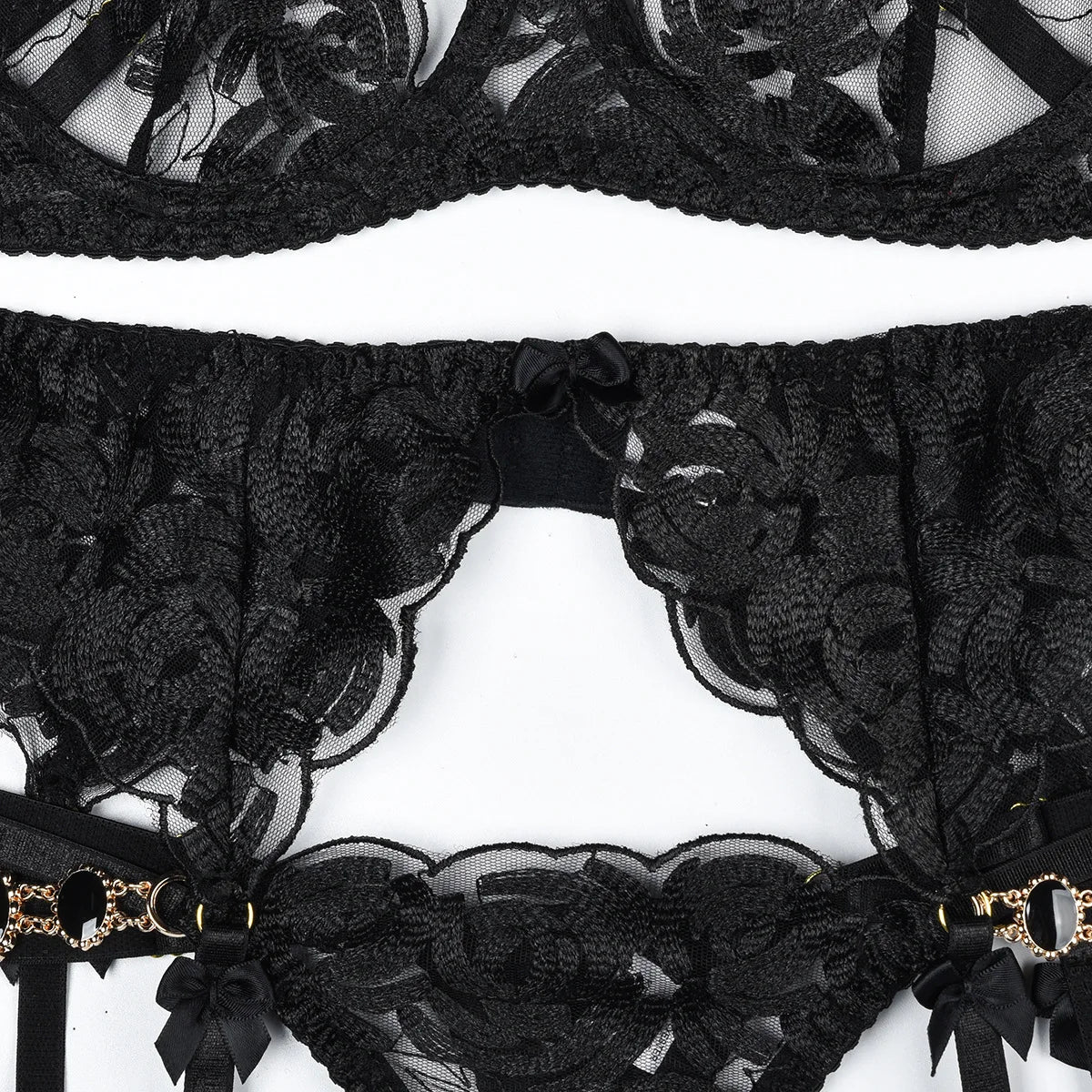 Luxury Embroidered Garter Lingerie Set – 3 Piece