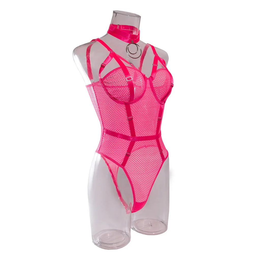 Hollow-Out Lace Bodysuit – Deep V Underwire