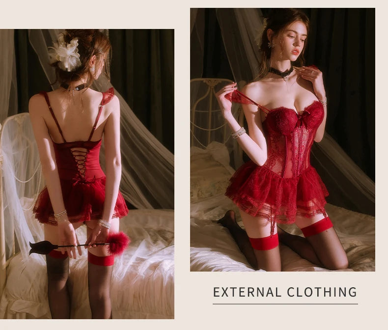 Sexy Red Lace Corset Bra & Brief Set Nightwear