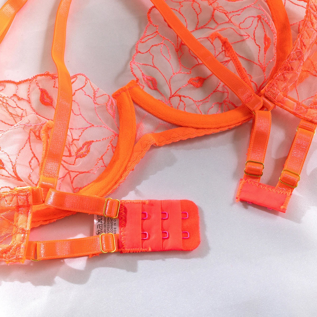 Sheer Mesh Embroidery Lingerie Set (3pcs)