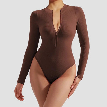 Seamless Long Sleeve Athletic Bodysuit – Half Zipper Quick-Dry Yoga & Fitness Wear
