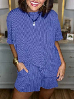 Summer 2-Piece Set – Solid O-Neck Short Sleeve T-Shirt & Loose Casual Shorts