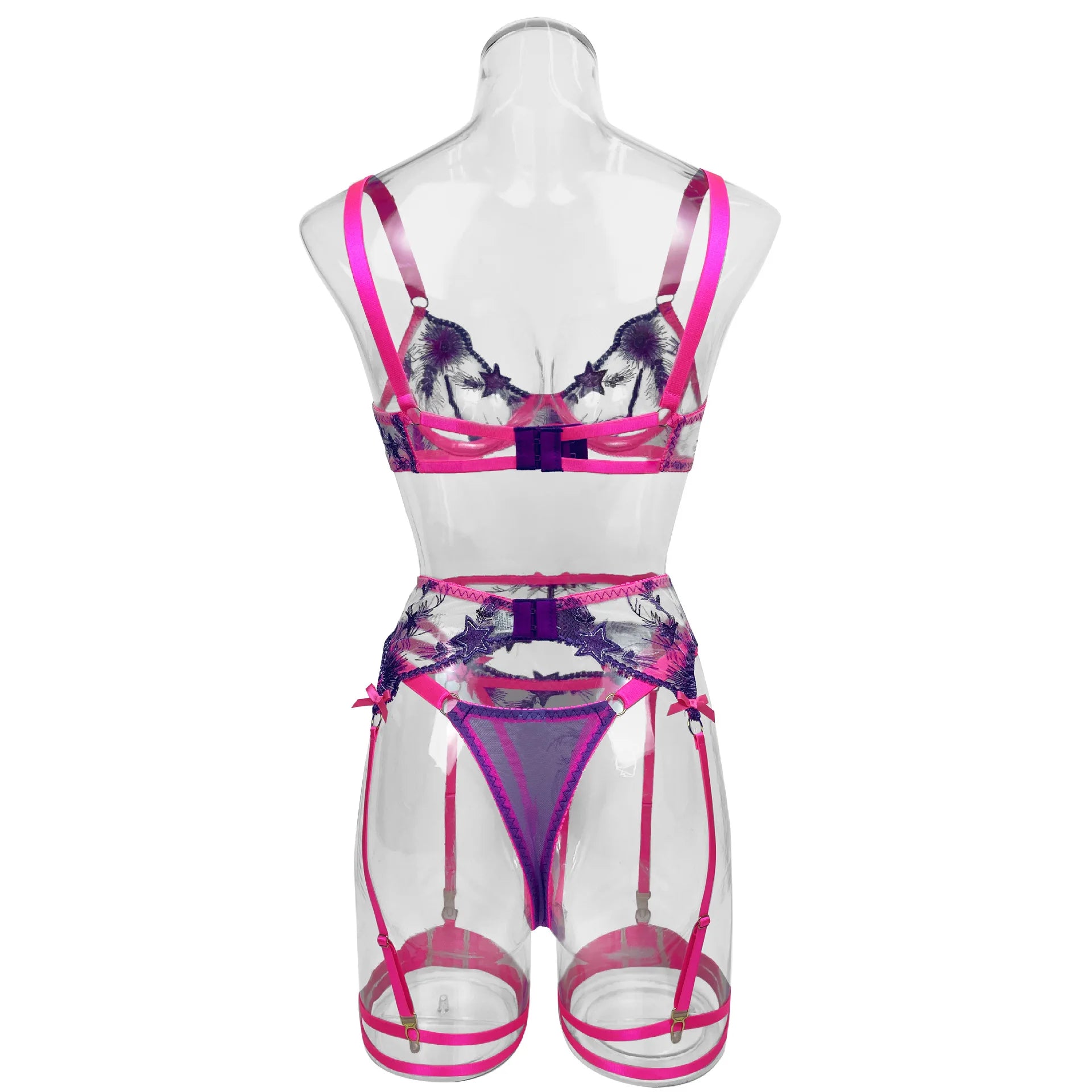 Pink Sheer Lace Floral Embroidery Lingerie Set