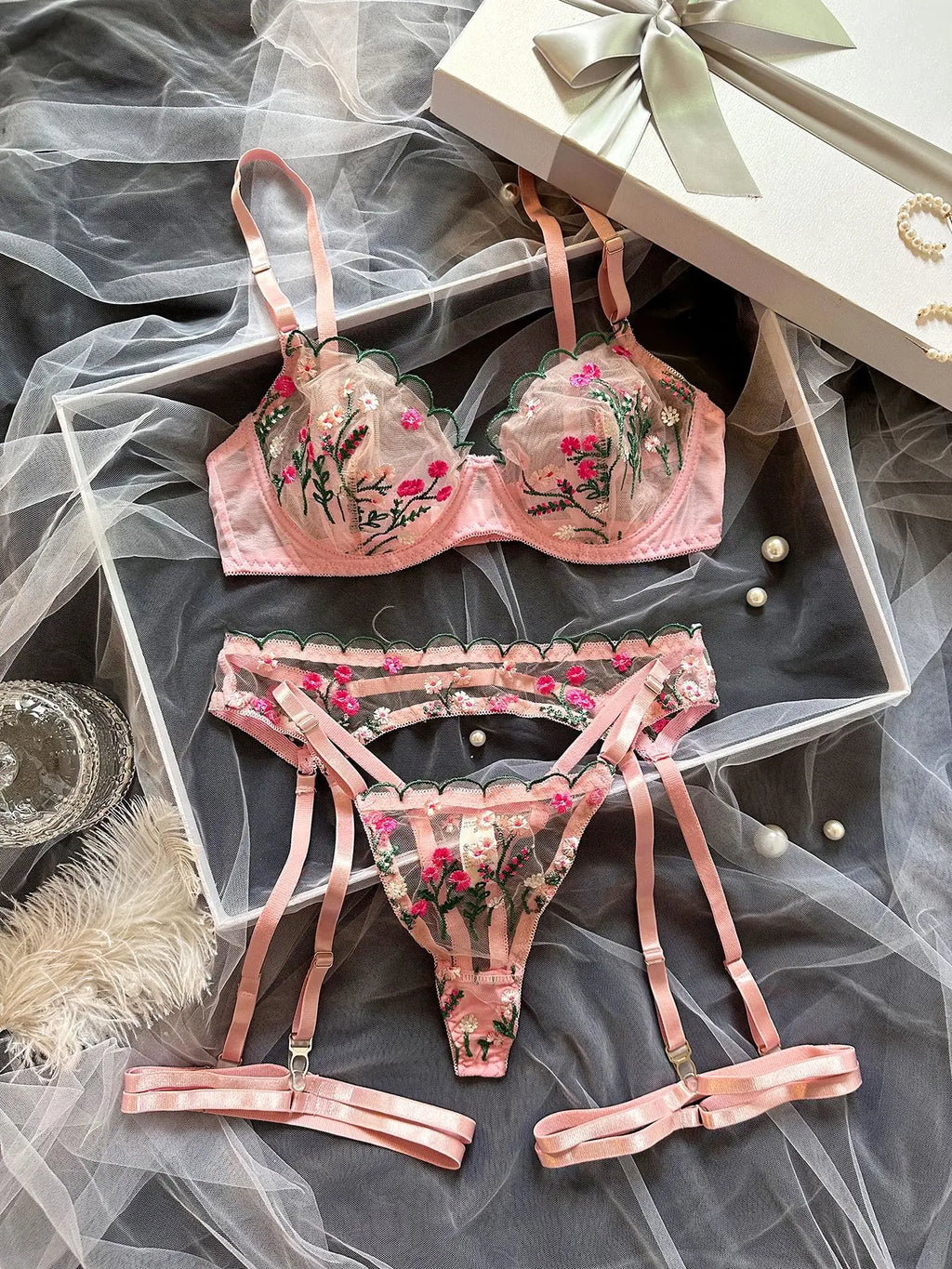 Dot Mesh Cut-Out Underwire Bra & Thong Set