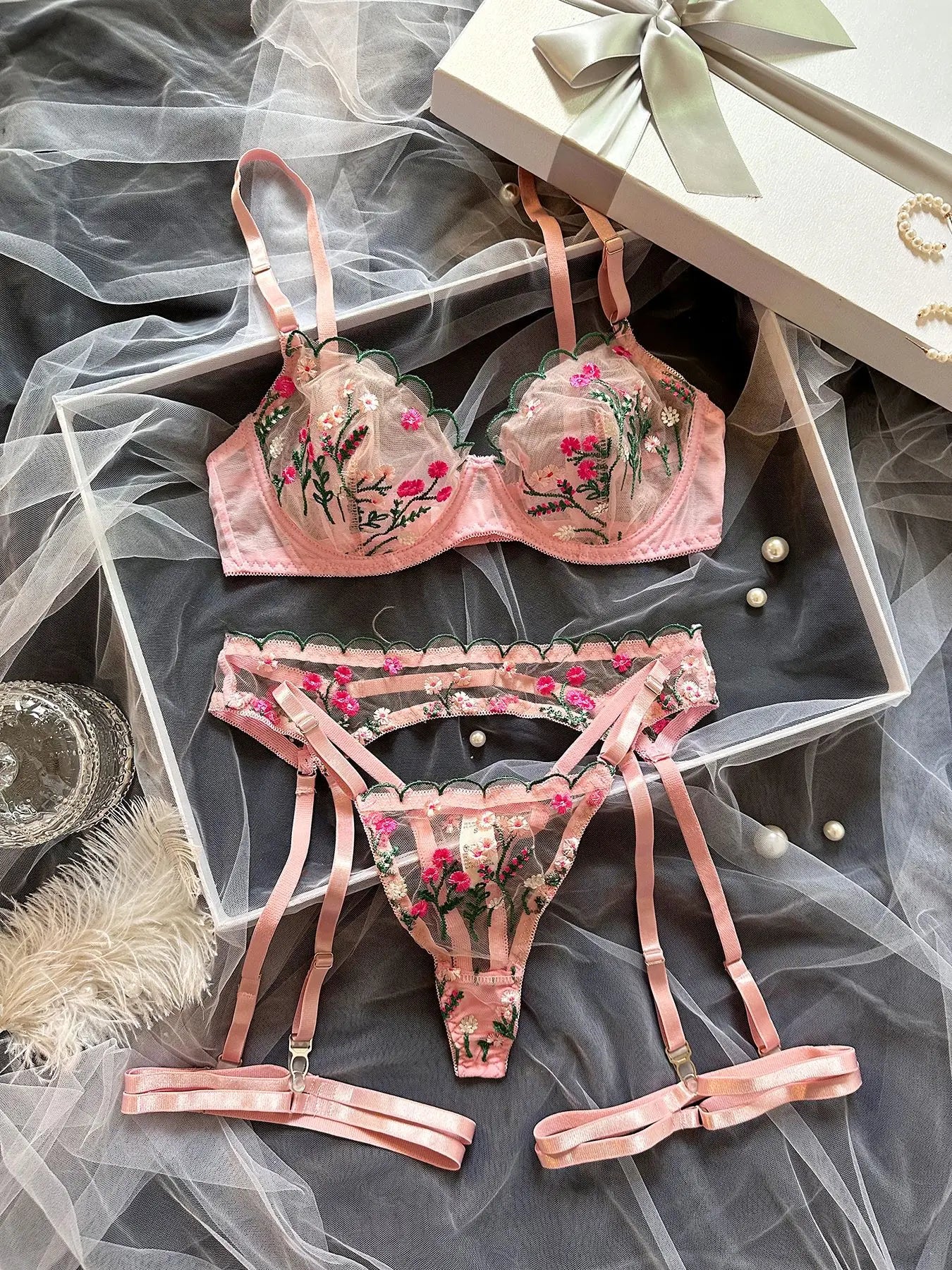 Dot Mesh Cut-Out Underwire Bra & Thong Set