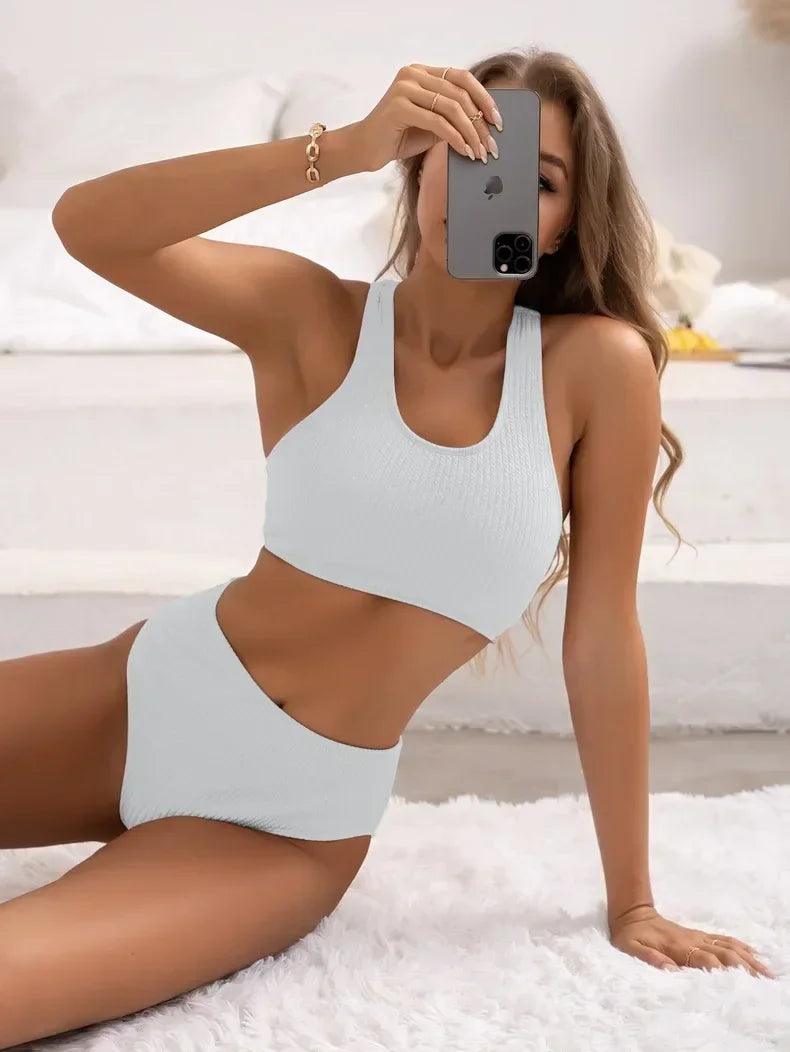 Sexy Bikini High Waist Women Swimsuit 2024 New Solid Ribbed Swimwear Push Up Bikinis Set Summer Beachwear Bathing Suit Female