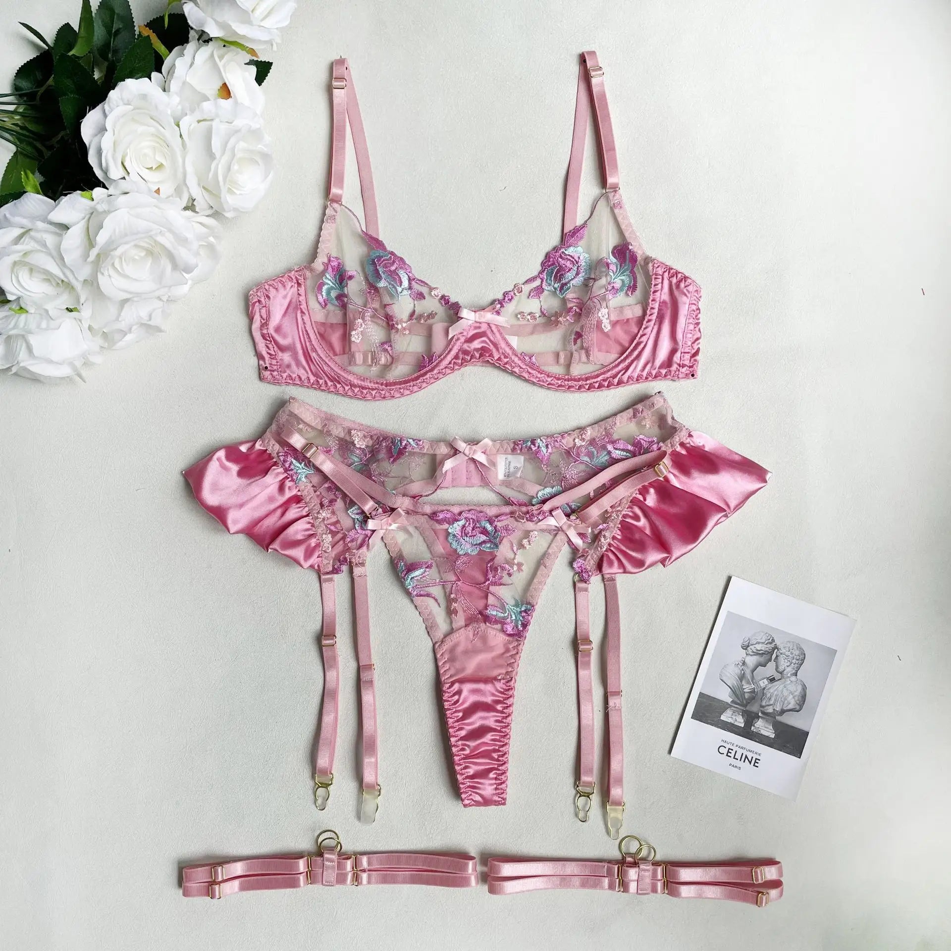 Ruffle Embroidery Push-Up Lingerie Set (4pcs)