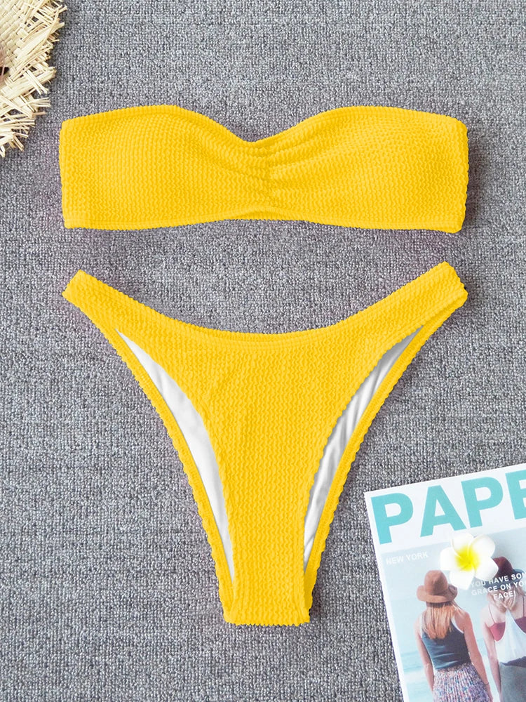 Sexy Textured Bikini 2025 Bandeau Swimsuit Women Swimwear Push Up Bikini Set Solid Bathing Suit Beach Wear Biquini Female