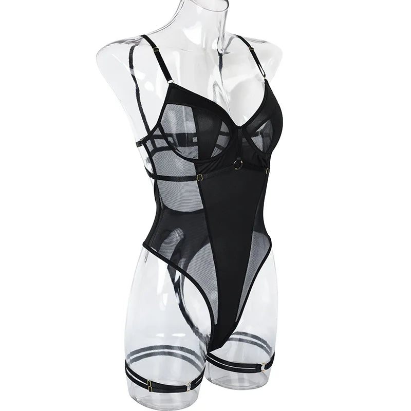 Backless Mesh Patchwork Bodysuit (Crotchless)