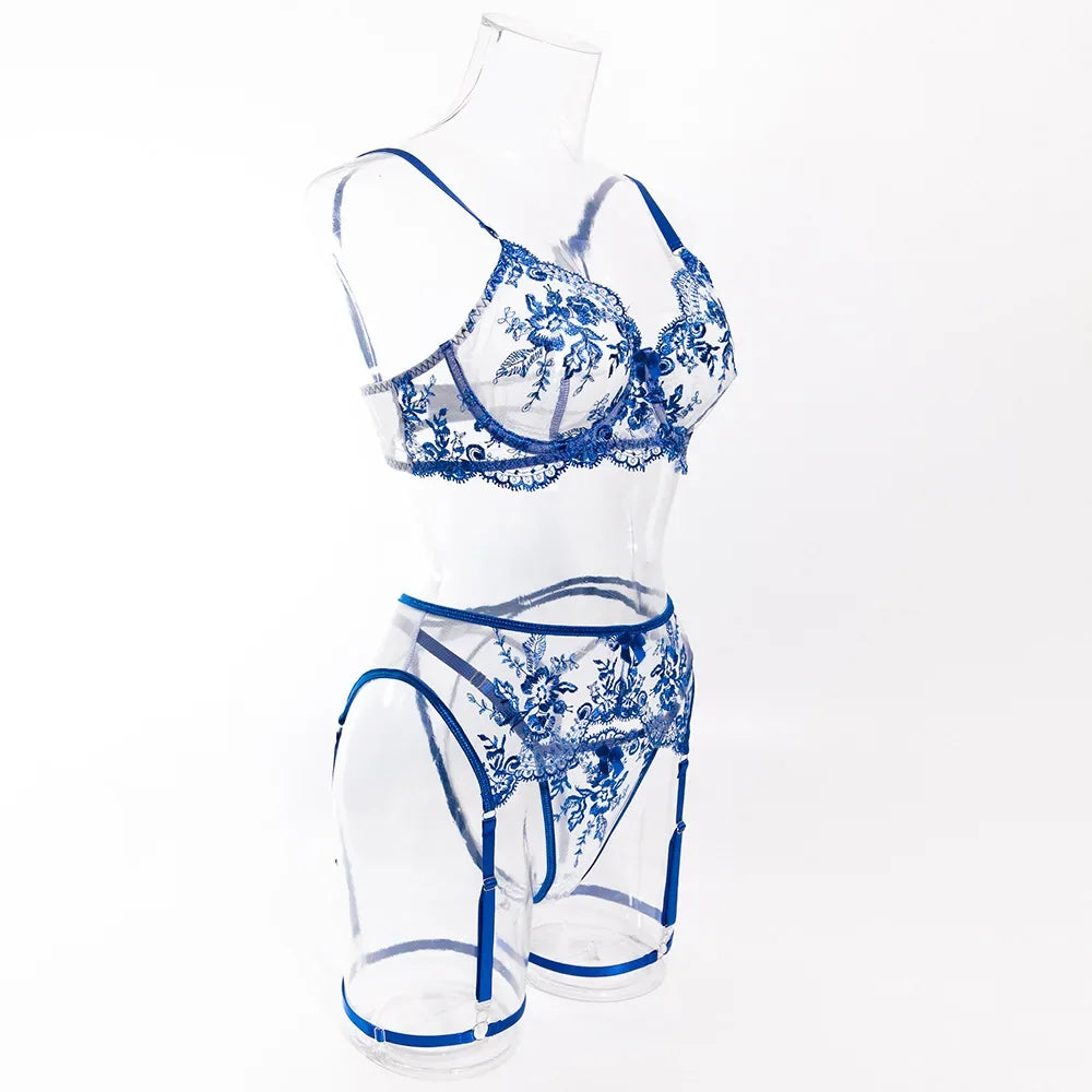Floral Embroidery Mesh Lingerie Set – 2 Piece