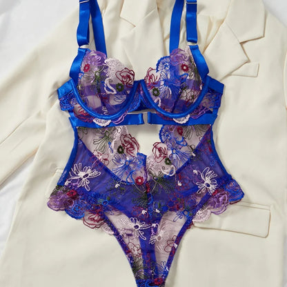 Floral Lace Push-Up Lingerie – One-Piece Embroidered Bikini Bra Bodysuit