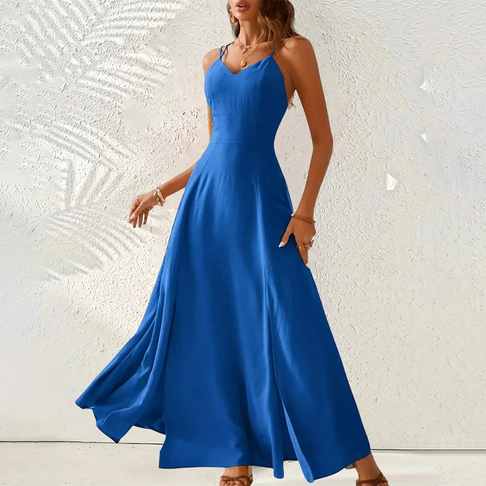 Women's Boho Solid Strappy High Split Backless Slip Maxi Dress Summer Ladies Beach Holiday Vacation Party Sundress Size S-2XL