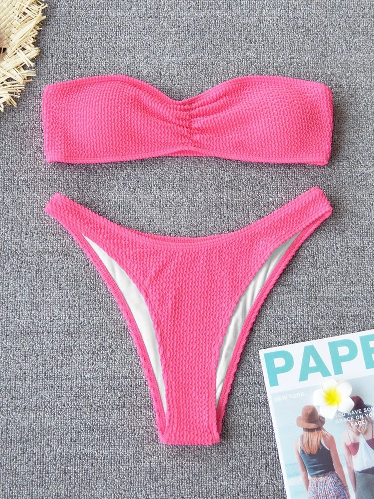 Sexy Textured Bikini 2025 Bandeau Swimsuit Women Swimwear Push Up Bikini Set Solid Bathing Suit Beach Wear Biquini Female