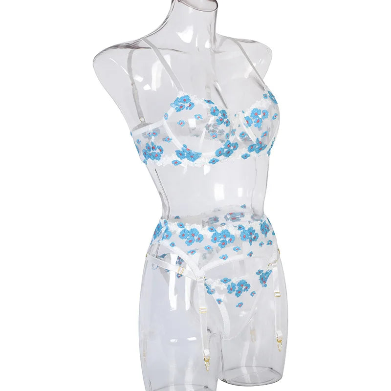 Floral Lace Transparent Bra & Thong Lingerie Set (3pcs)
