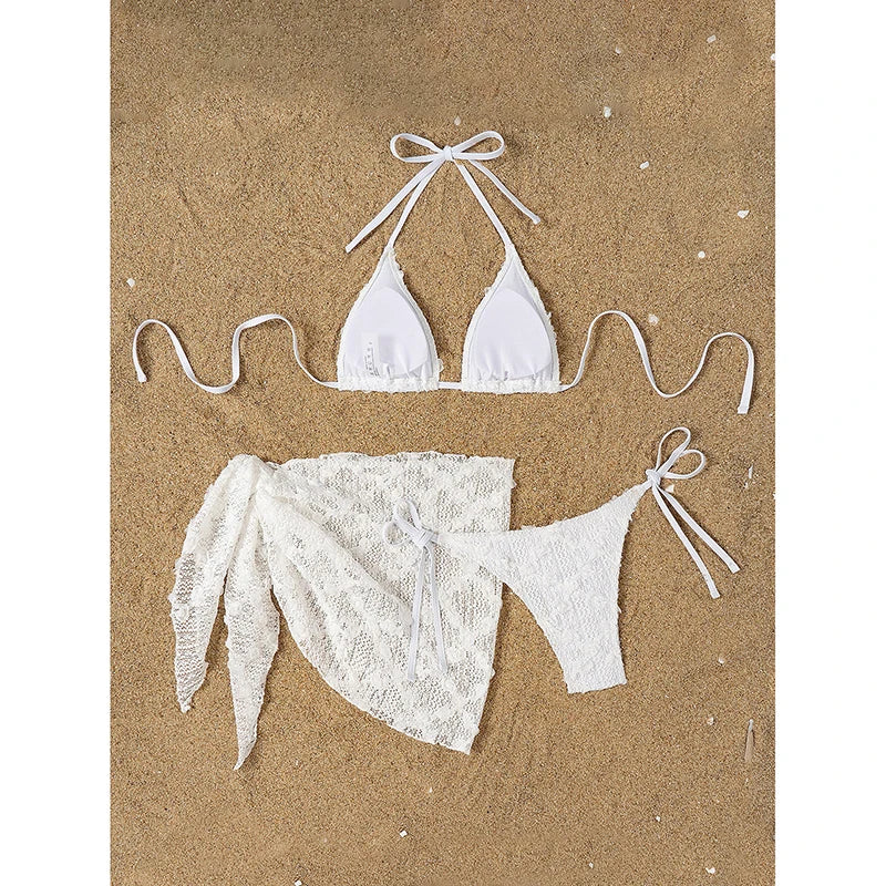 Solid Color Mesh 3 Pieces Bikini Set With Skrit 2025 Swimwear Women Sexy Halter Swimsuit  Beach Bathing Suit