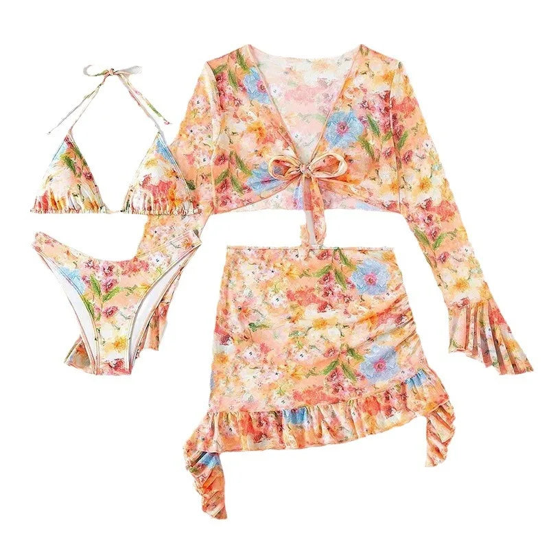 Women’s 4-Piece Bikini Set – High Waist with Skirt & Crop Top
