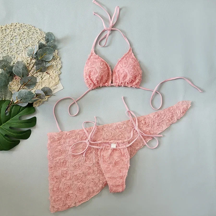 Women's Sexy 3 Piece Bikini Set 3D Flower Beach Skirt Swimsuit Pure Pink Triangle Halter Backless Thong Swimwear 2025 Summer New