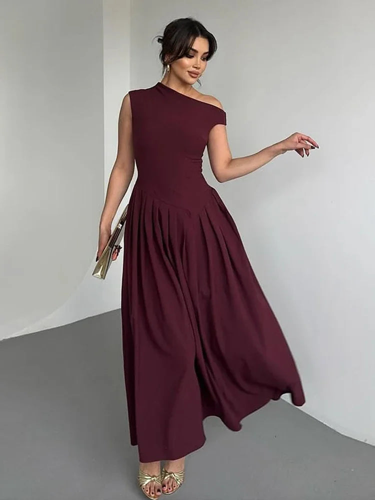 Women Elegant Wine Red Irregular Neck Slim Dress Fashion Sleeveless High Waist Pleated Hem Dresses  Chic Lady Party Robes