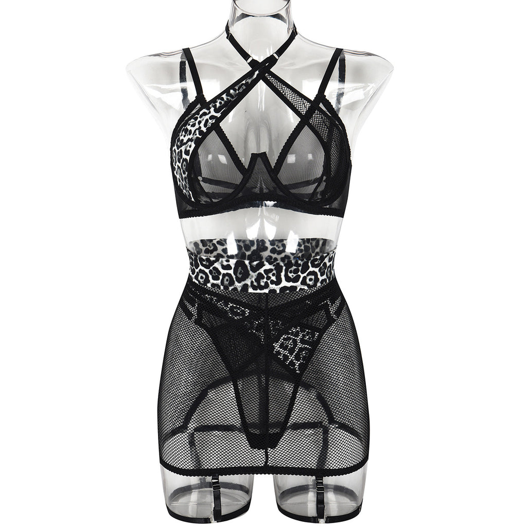 Leopard Patchwork Mesh Lingerie Set (3pcs)